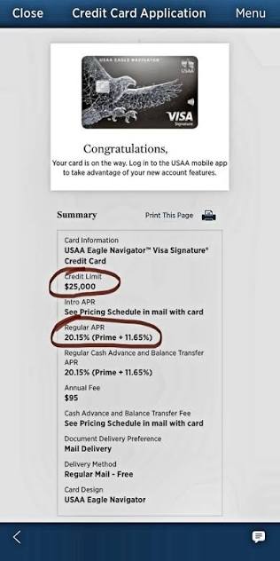 Approved for USAA Eagle Navigator Visa Signature with $25,000 credit limit