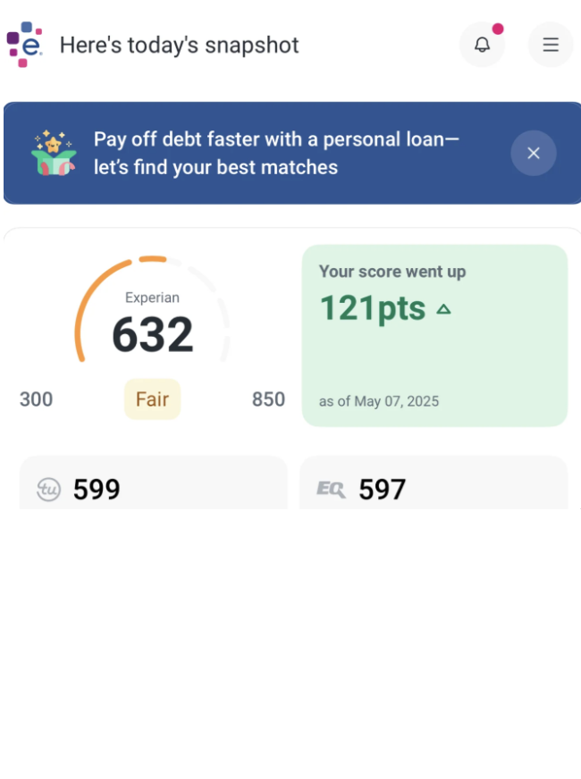 Credit score jumped 121 points to 632